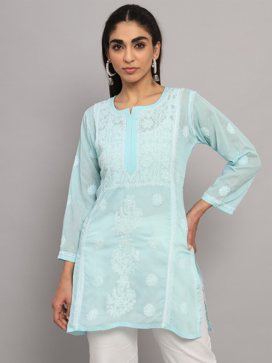 PARAMOUNT CHIKAN Ethnic Motifs Embroidered Notch Neck Chikankari Pure Cotton Kurti, Sea green
PARAMOUNT CHIKAN Ethnic Motifs Embroidered Notch Neck Chikankari Pure Cotton Kurti, Sea green