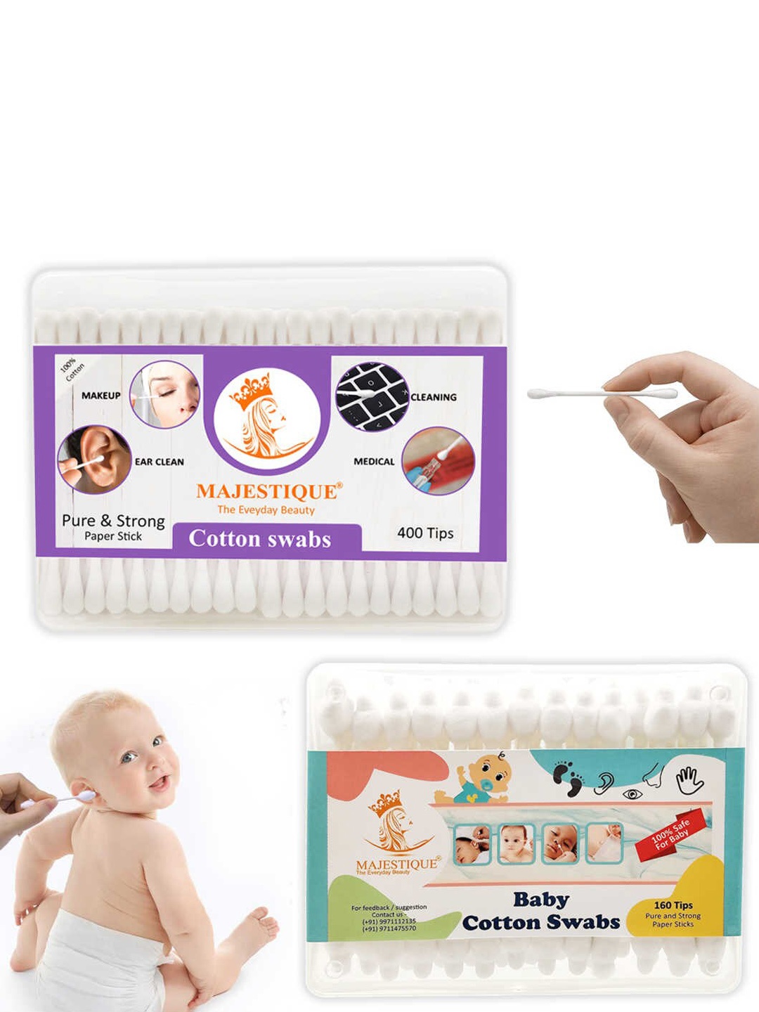 MAJESTIQUE Set of Infant Baby Safety Cotton Swabs 160 Tips & Adults Cotton Swabs 400 Tips, White
MAJESTIQUE Set of Infant Baby Safety Cotton Swabs 160 Tips & Adults Cotton Swabs 400 Tips, White