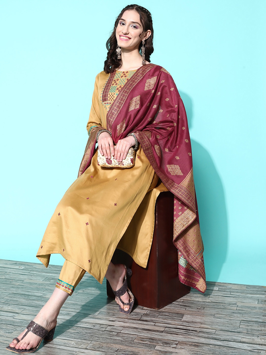 Sangria Women Thread Work Kurta with Trousers & With Dupatta, Beige