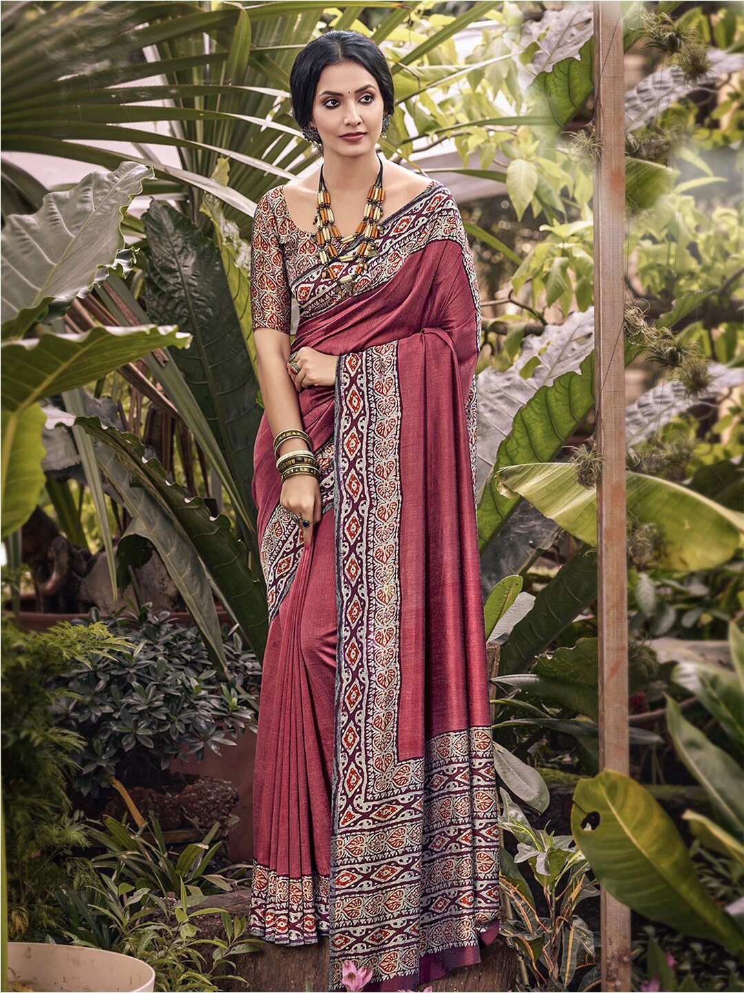 Satrani Printed Border Saree, Pink