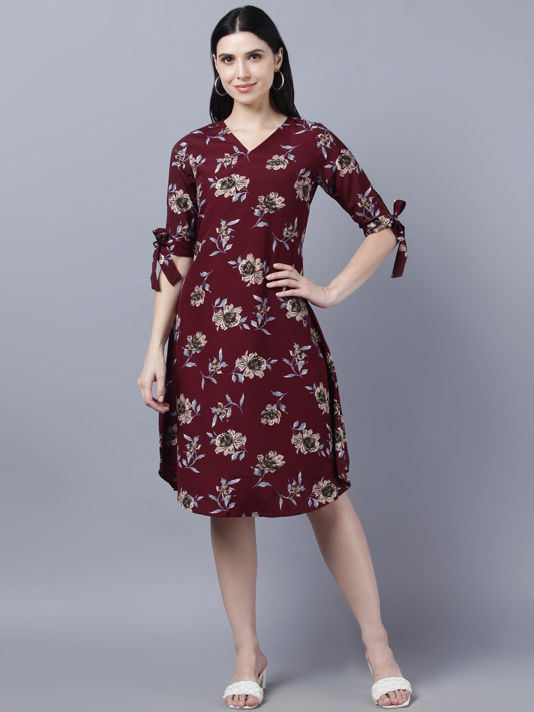 Myshka V-Neck Floral Crepe Dress, Maroon