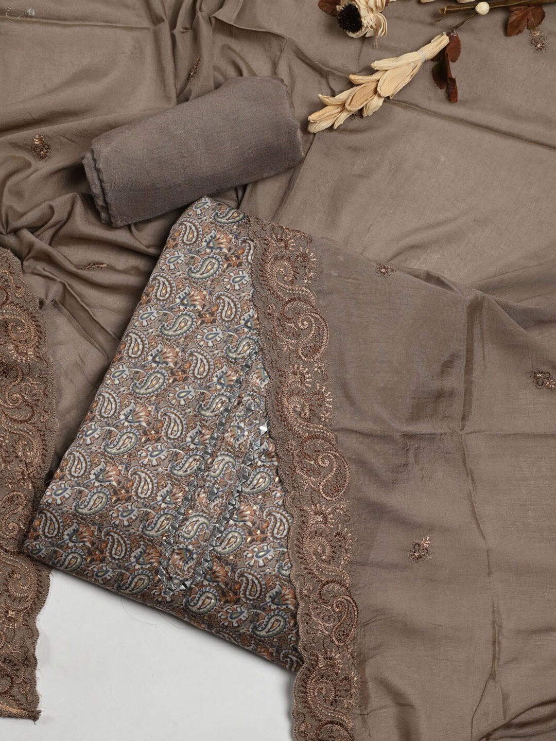 Meena Bazaar Pure Cotton Unstitched Dress Material, Brown