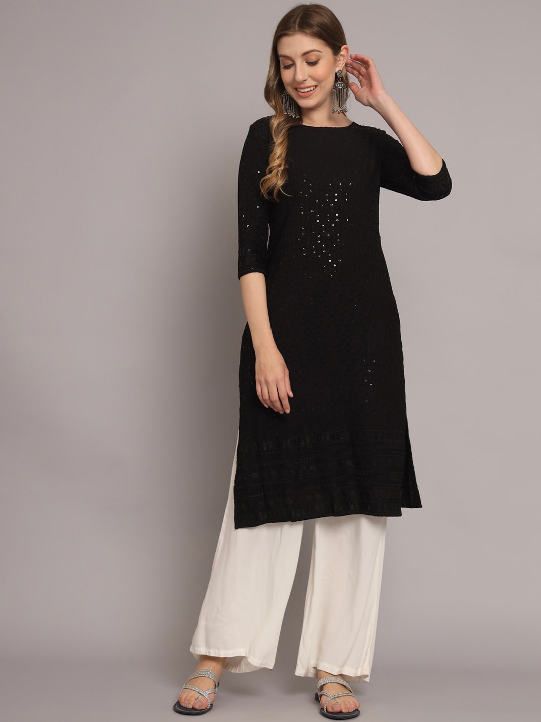 SWAGG INDIA Ethnic Motifs Embroidered Chikankari Work Straight Kurta, Black
