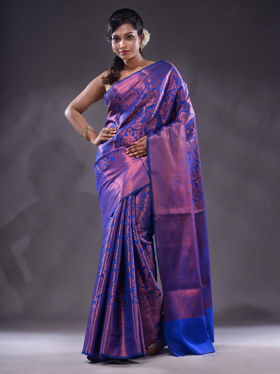 Charukriti Floral Woven Design Zari Saree, Blue