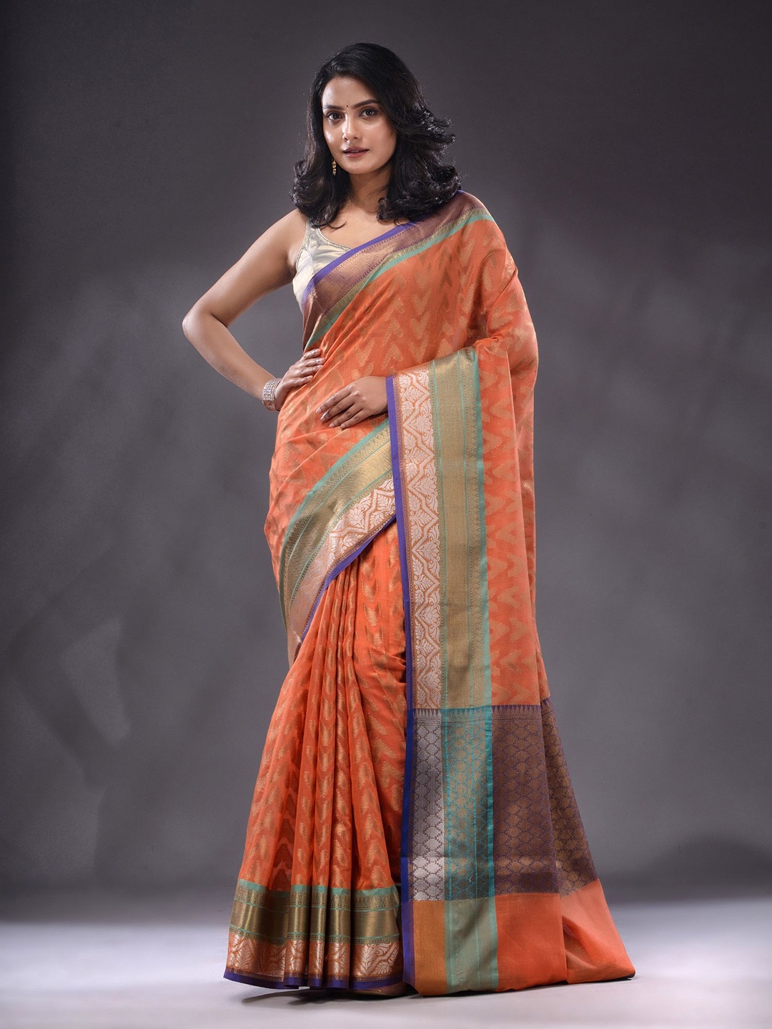 Charukriti Geometric Woven Design Zari Saree, Orange