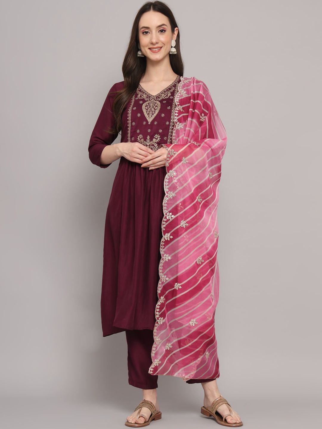 Myshka Ethnic Motifs Yoke Design Thread Work A-Line Silk Kurta With Trousers & Dupatta, Maroon
Myshka Ethnic Motifs Yoke Design Thread Work A-Line Silk Kurta With Trousers & Dupatta, Maroon