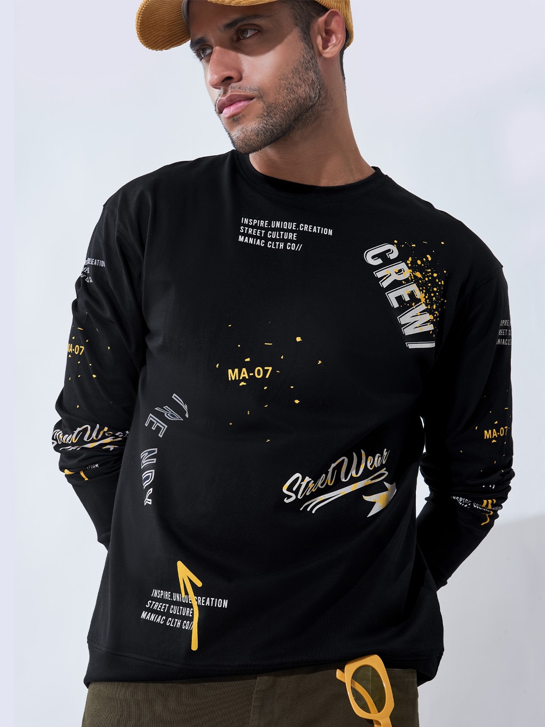 Maniac Typography Printed Boxy Cotton T-shirt, Black