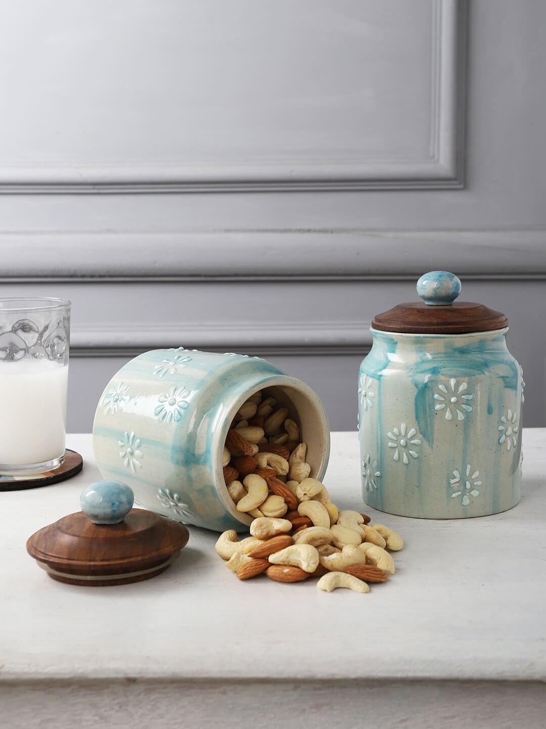 MIAH Decor Beige & Teal Blue 2 Pcs Printed Ceramic Food Storage Jar With Wooden Lids
MIAH Decor Beige & Teal Blue 2 Pcs Printed Ceramic Food Storage Jar With Wooden Lids