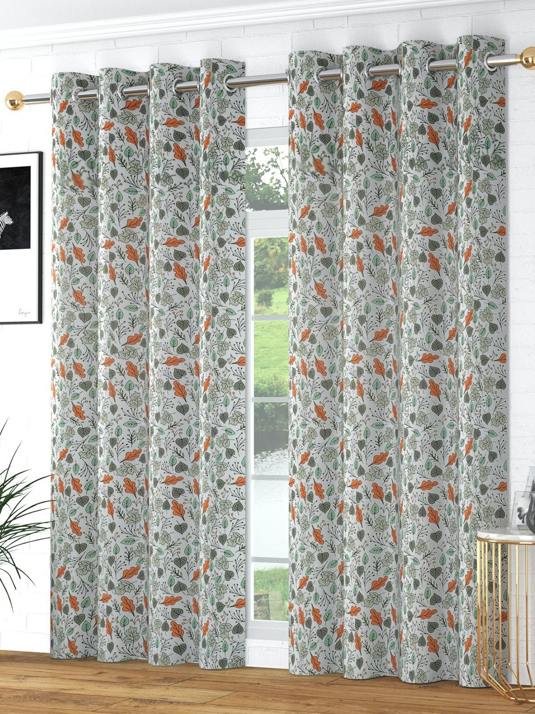 Bajo's White & Green Set of 2 Floral Door Curtain