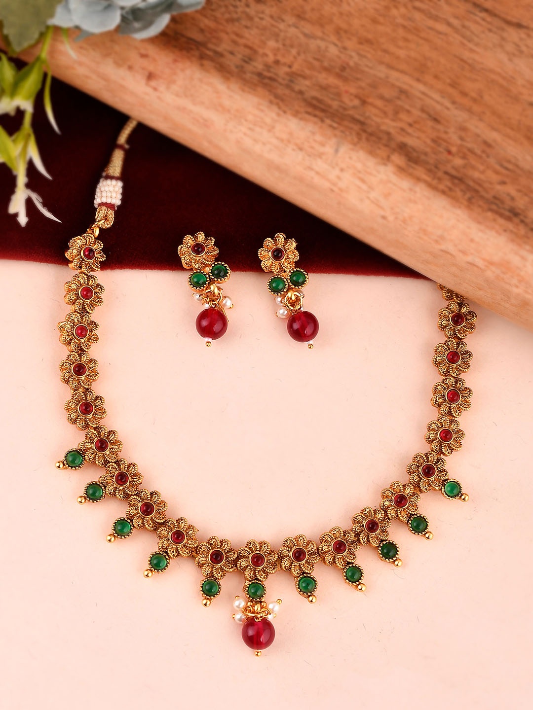 AQUASTREET JEWELS Gold-Plated Ruby & Emerald Studded & Faux Beaded Necklace & Earrings Set
AQUASTREET JEWELS Gold-Plated Ruby & Emerald Studded & Faux Beaded Necklace & Earrings Set