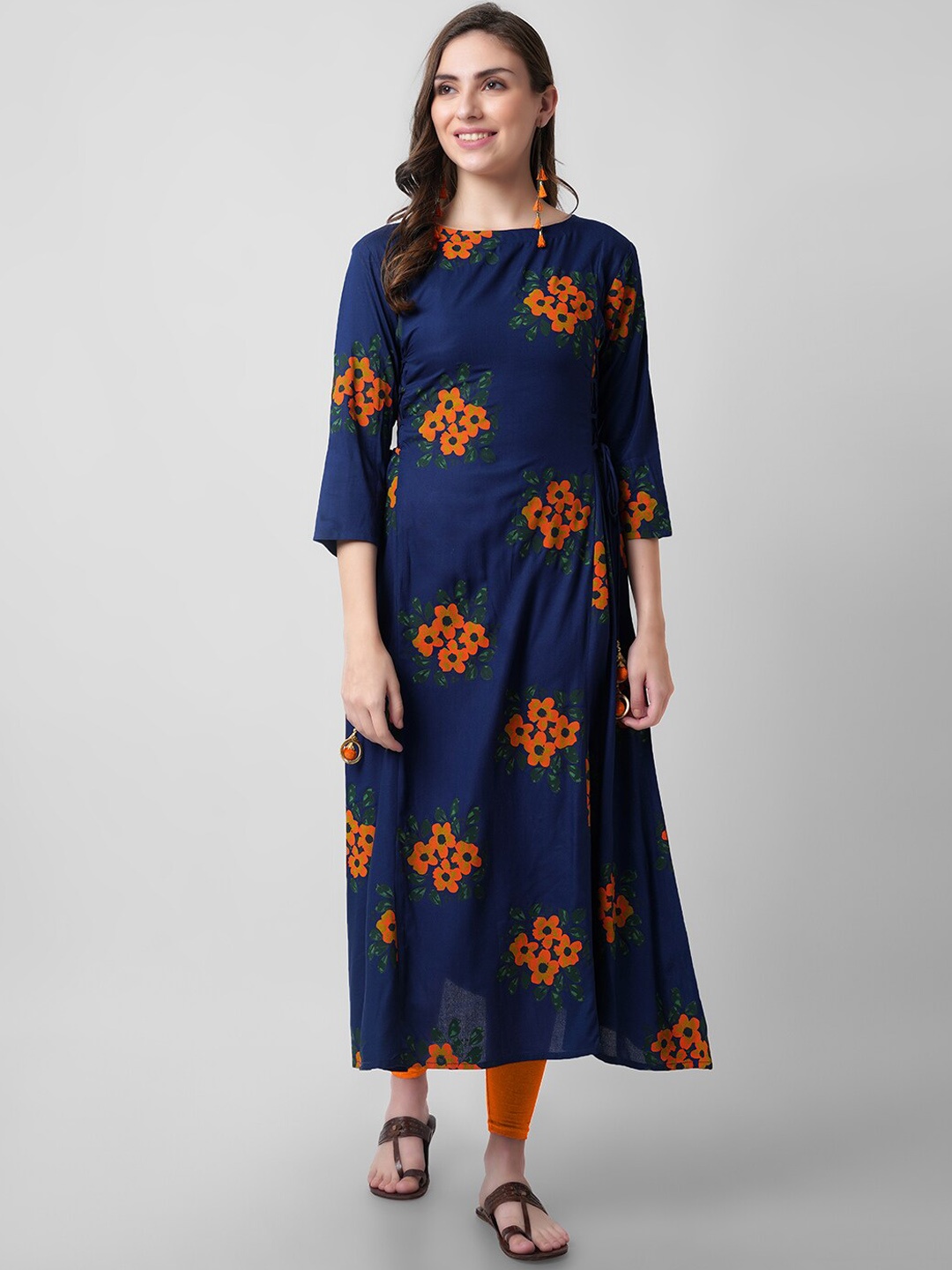 KALINI Floral Printed Flared Sleeves Kurta, Blue