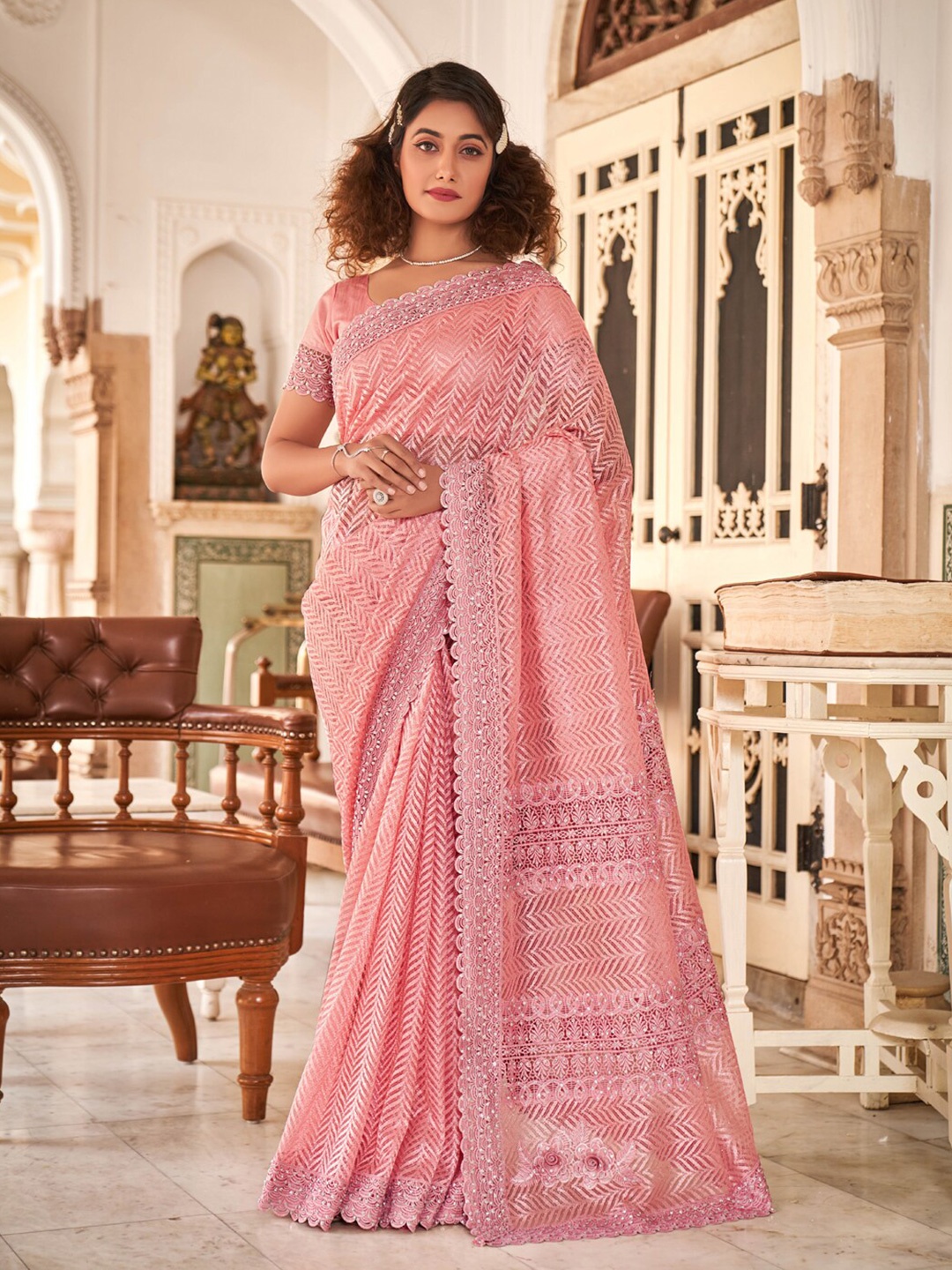 SHOPGARB Embellished Embroidered Net Saree, Pink