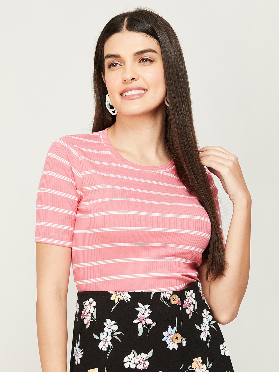 CODE by Lifestyle Round Neck Striped Cotton Crop Top, Coral