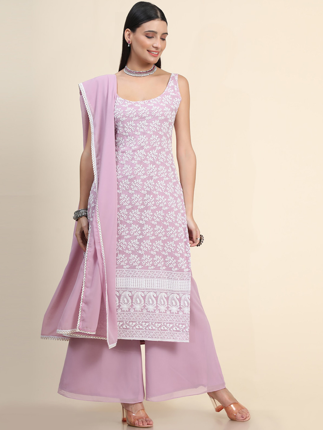 KALINI Women Pink Embroidered Chikankari Kurti with Palazzos & With Dupatta
KALINI Women Pink Embroidered Chikankari Kurti with Palazzos & With Dupatta