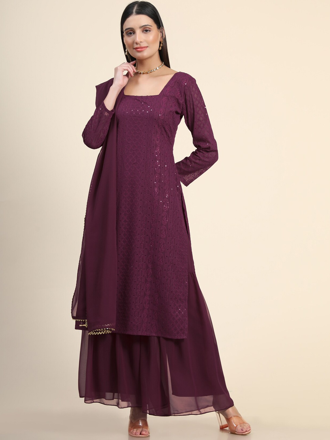 KALINI Ethnic Motifs Embroidered Chikankari Sequined Kurta with Sharara & Dupatta, Purple
KALINI Ethnic Motifs Embroidered Chikankari Sequined Kurta with Sharara & Dupatta, Purple