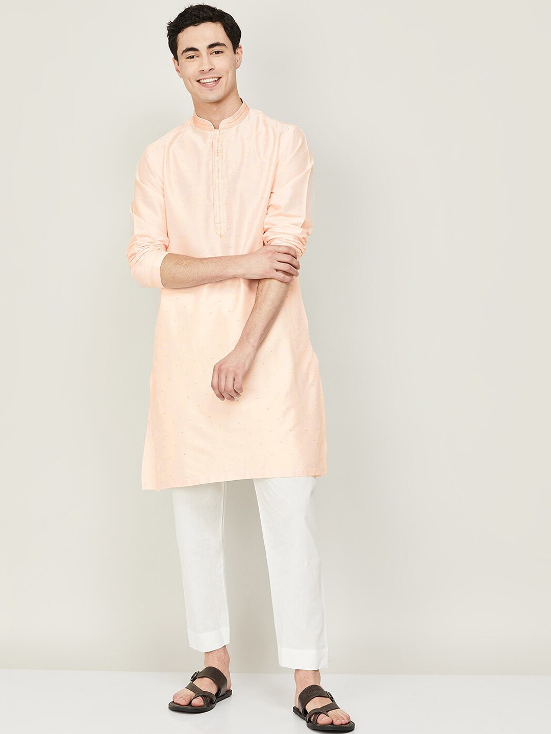 Melange by Lifestyle Mandarin Collar Thread Work Pure Cotton Kurta with Pyjamas, Peach
Melange by Lifestyle Mandarin Collar Thread Work Pure Cotton Kurta with Pyjamas, Peach