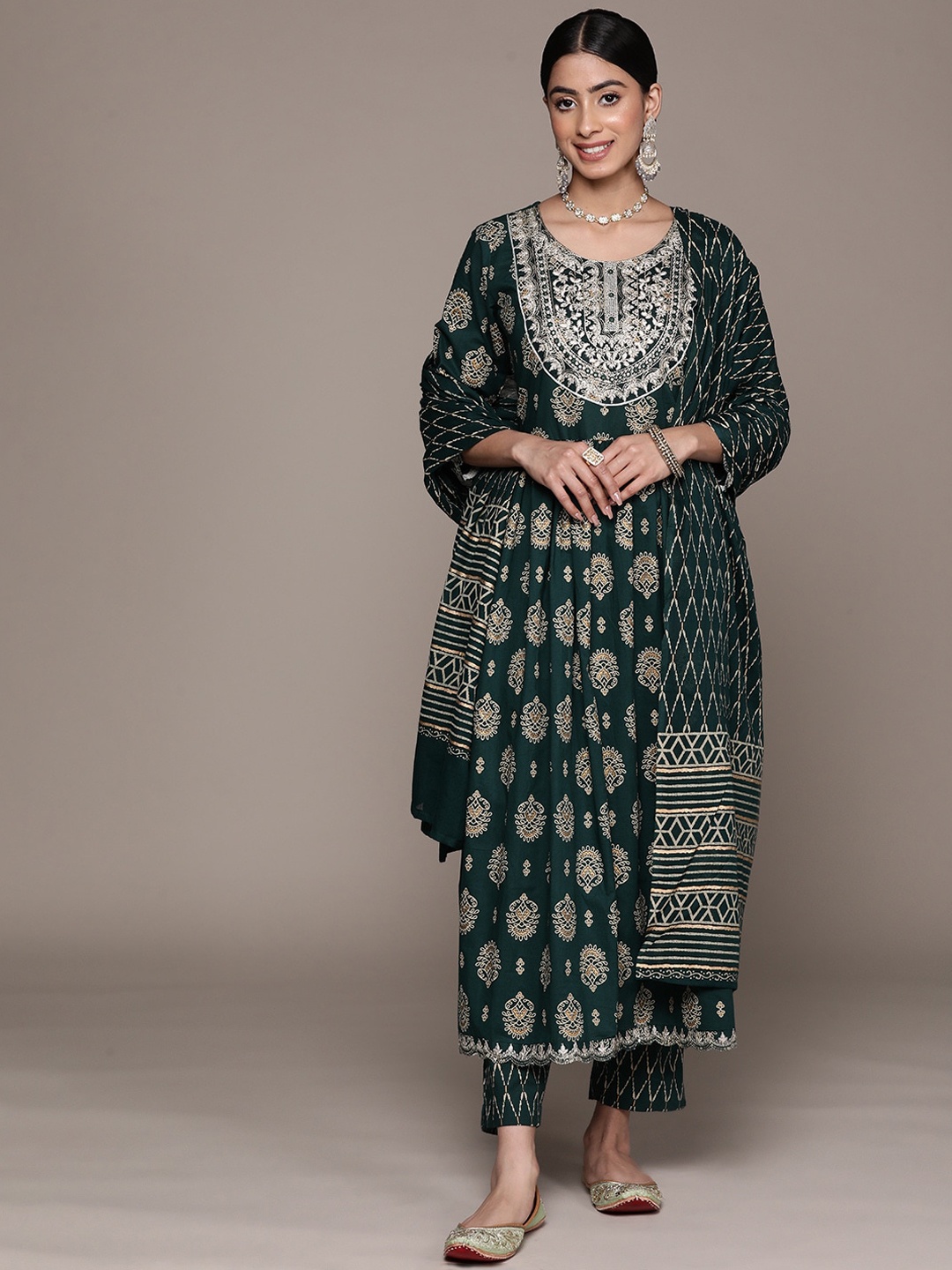 Ishin Ethnic Motifs Printed Pleated Zari Pure Cotton A-Line Kurta with Trousers & Dupatta, Teal
Ishin Ethnic Motifs Printed Pleated Zari Pure Cotton A-Line Kurta with Trousers & Dupatta, Teal