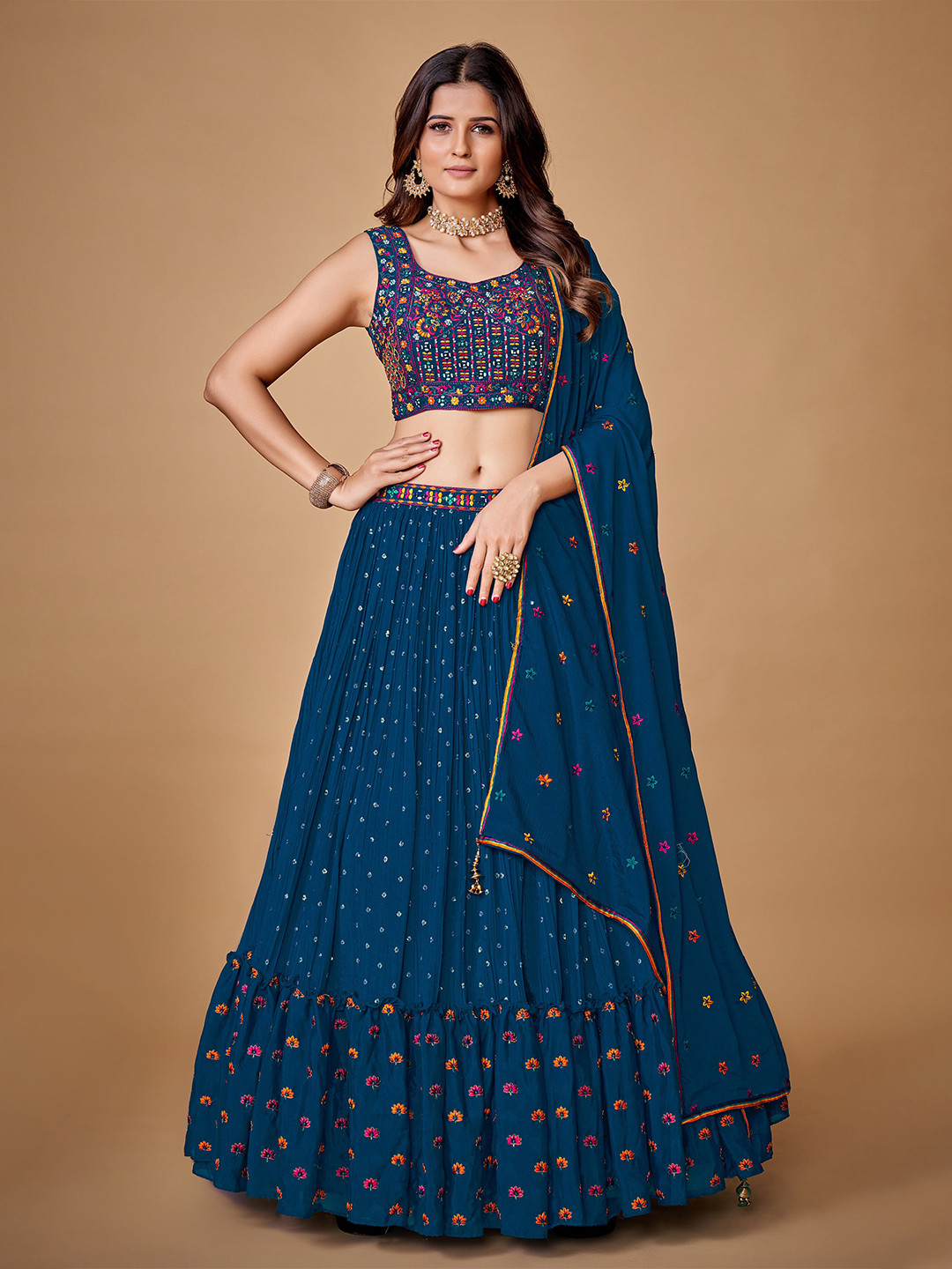 Fusionic Embroidered Sequined Ready to Wear Lehenga & Blouse With Dupatta, Navy blue
Fusionic Embroidered Sequined Ready to Wear Lehenga & Blouse With Dupatta, Navy blue