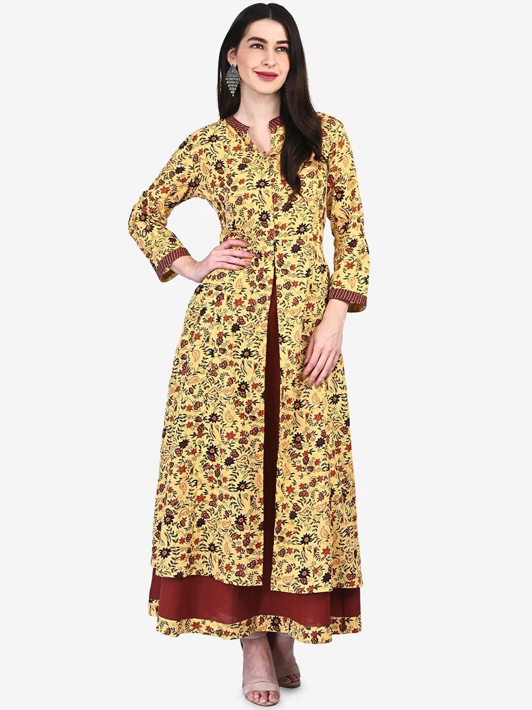 Be Indi Cotton Floral Printed Mandarin Collar Layered A-Line Maxi Dress, Yellow
Be Indi Cotton Floral Printed Mandarin Collar Layered A-Line Maxi Dress, Yellow