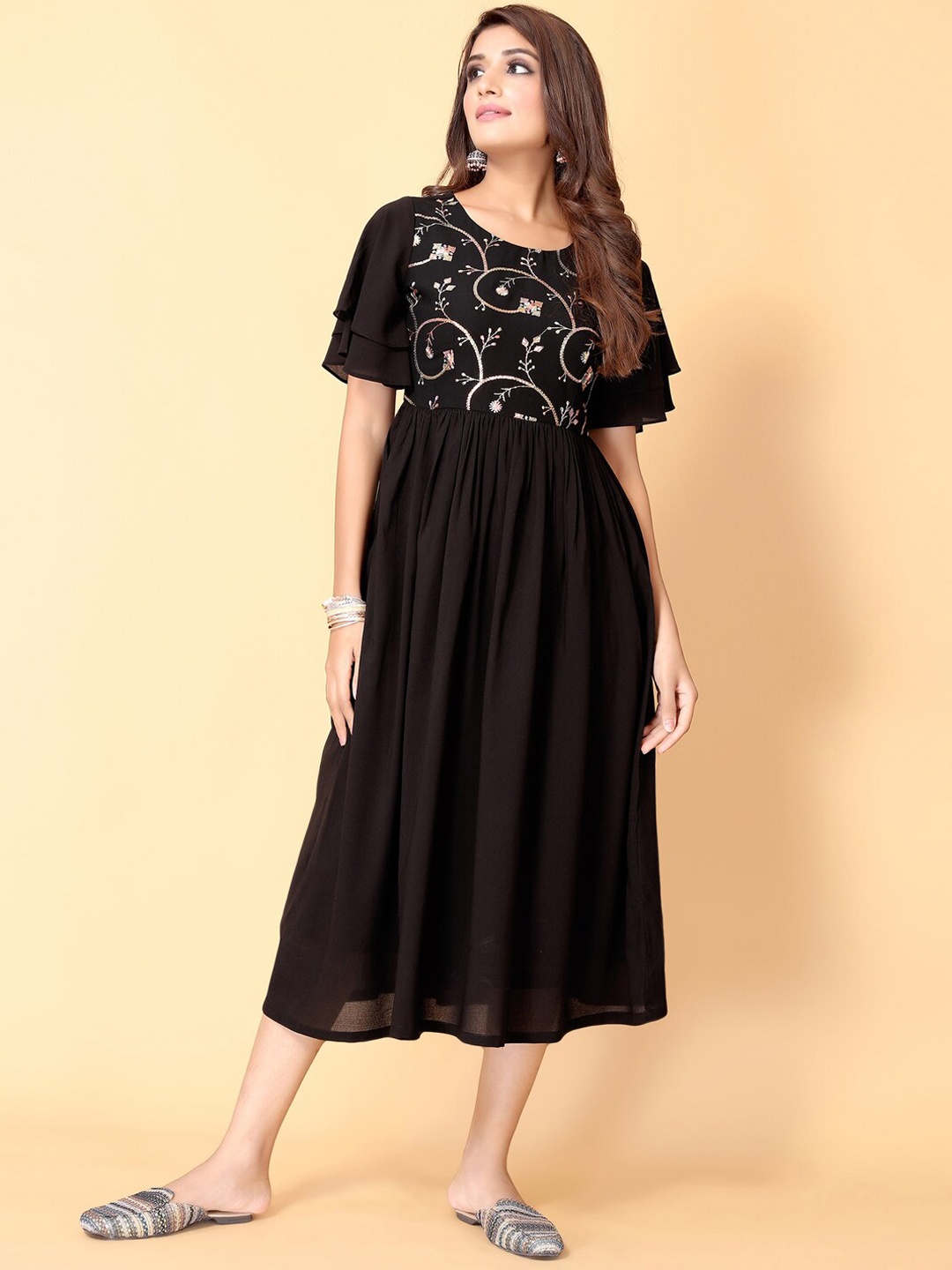 KALINI Floral Embroidered Flared Sleeves Georgette Fit & Flared Ethnic Dress, Black
KALINI Floral Embroidered Flared Sleeves Georgette Fit & Flared Ethnic Dress, Black