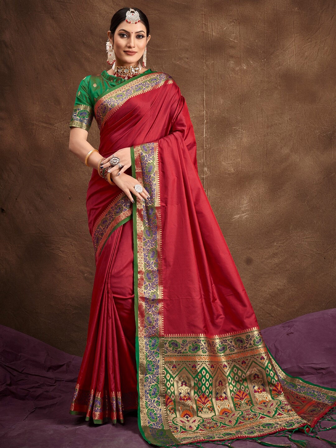 SANGAM PRINTS Woven Border Zari Pure Silk Banarasi Saree, Red