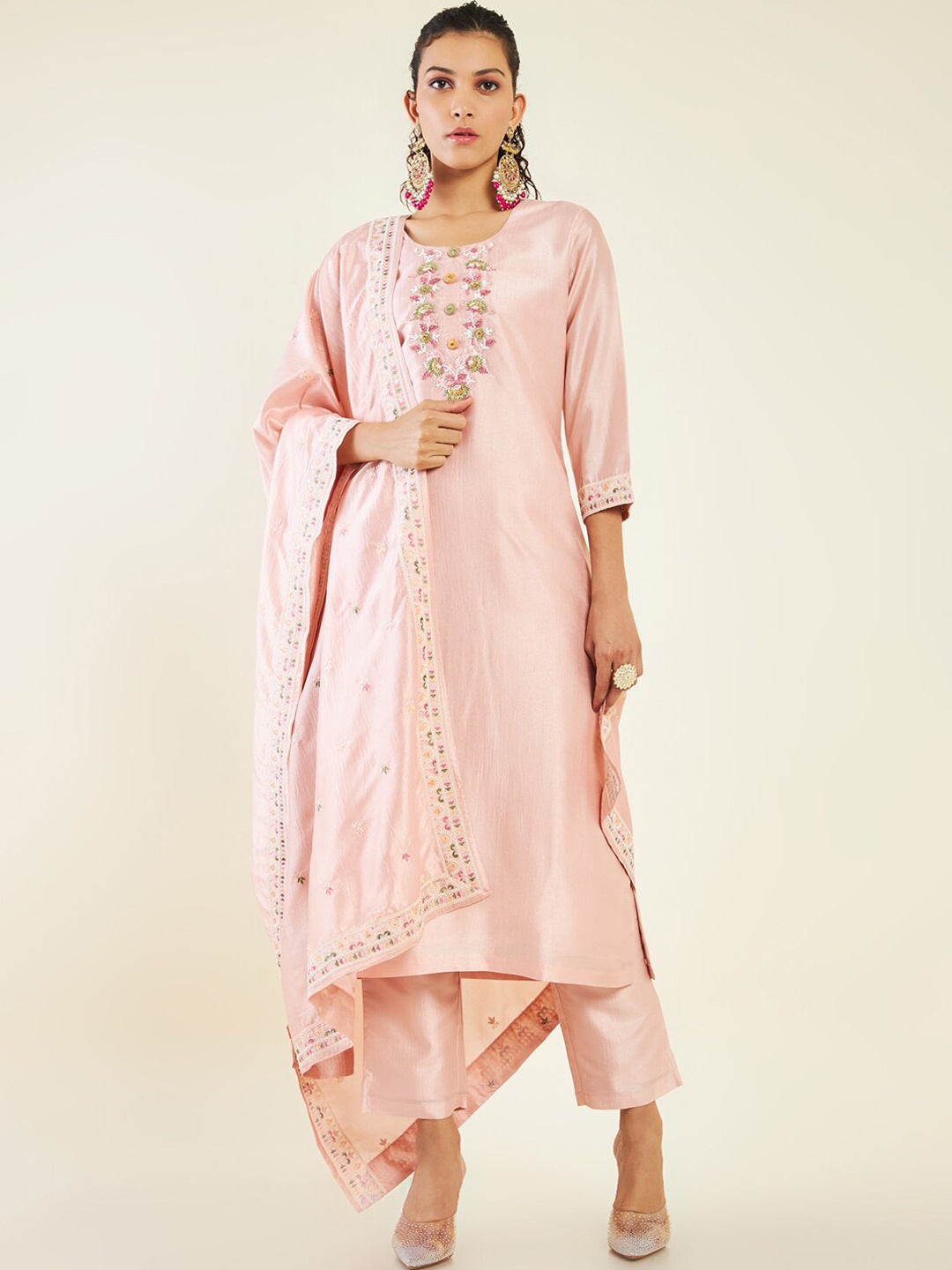 Soch Floral Embroidered Beads and Stones Pure Silk Kurta with Trousers & Dupatta, Peach
Soch Floral Embroidered Beads and Stones Pure Silk Kurta with Trousers & Dupatta, Peach