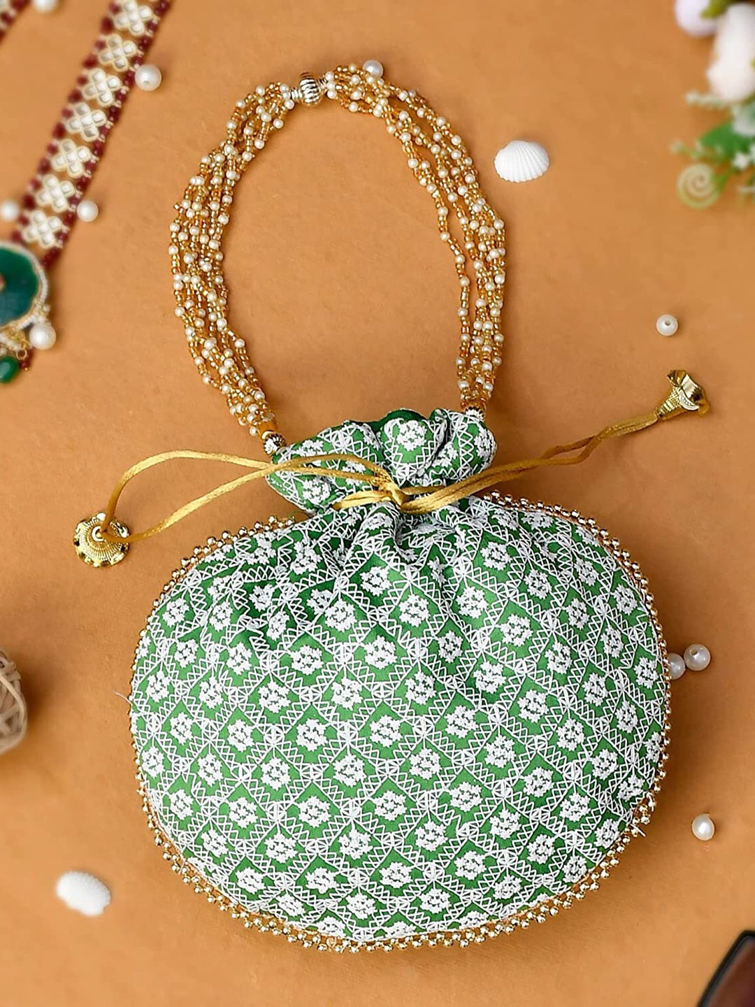 Perpetual Embroidered Potli Clutch, Green