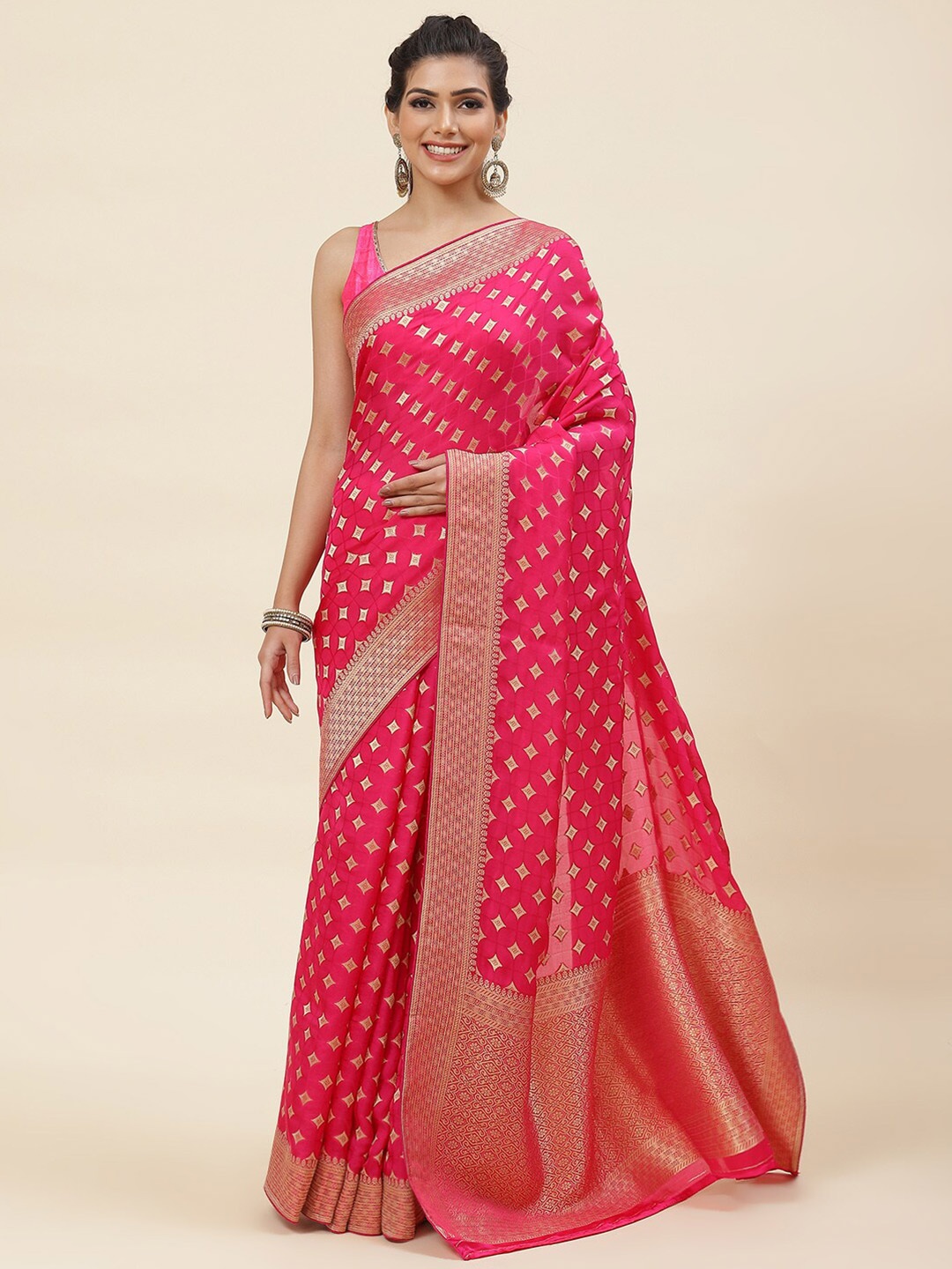 Meena Bazaar Woven Design Zari Organza Saree, Pink