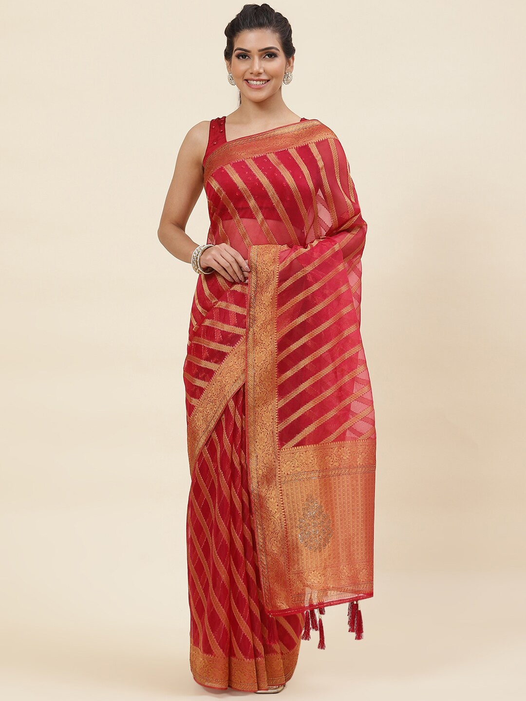 Meena Bazaar Striped Zari Organza Saree, Red