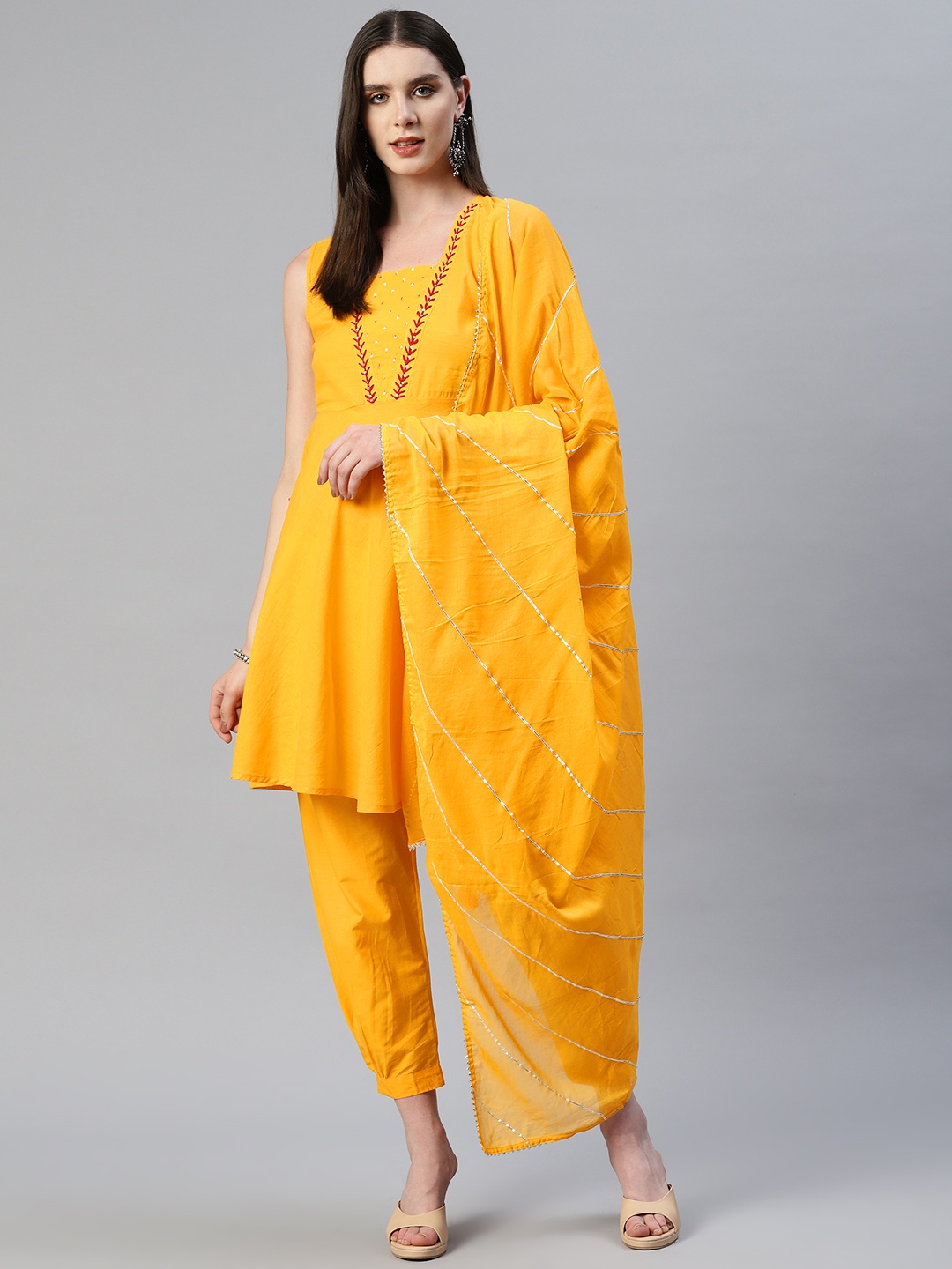 KALINI Yoke Design Tiered Sequinned Pure Cotton Kurta with Patiala & With Dupatta, Mustard
KALINI Yoke Design Tiered Sequinned Pure Cotton Kurta with Patiala & With Dupatta, Mustard