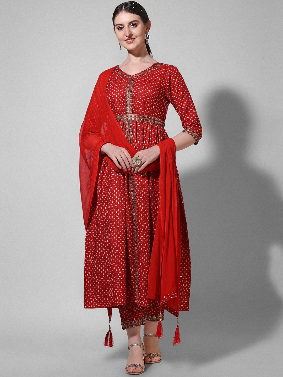 Berrylicious Bandhani Printed Mirror Work High Slit A-Line Kurta with Trousers & Dupatta, Red
Berrylicious Bandhani Printed Mirror Work High Slit A-Line Kurta with Trousers & Dupatta, Red