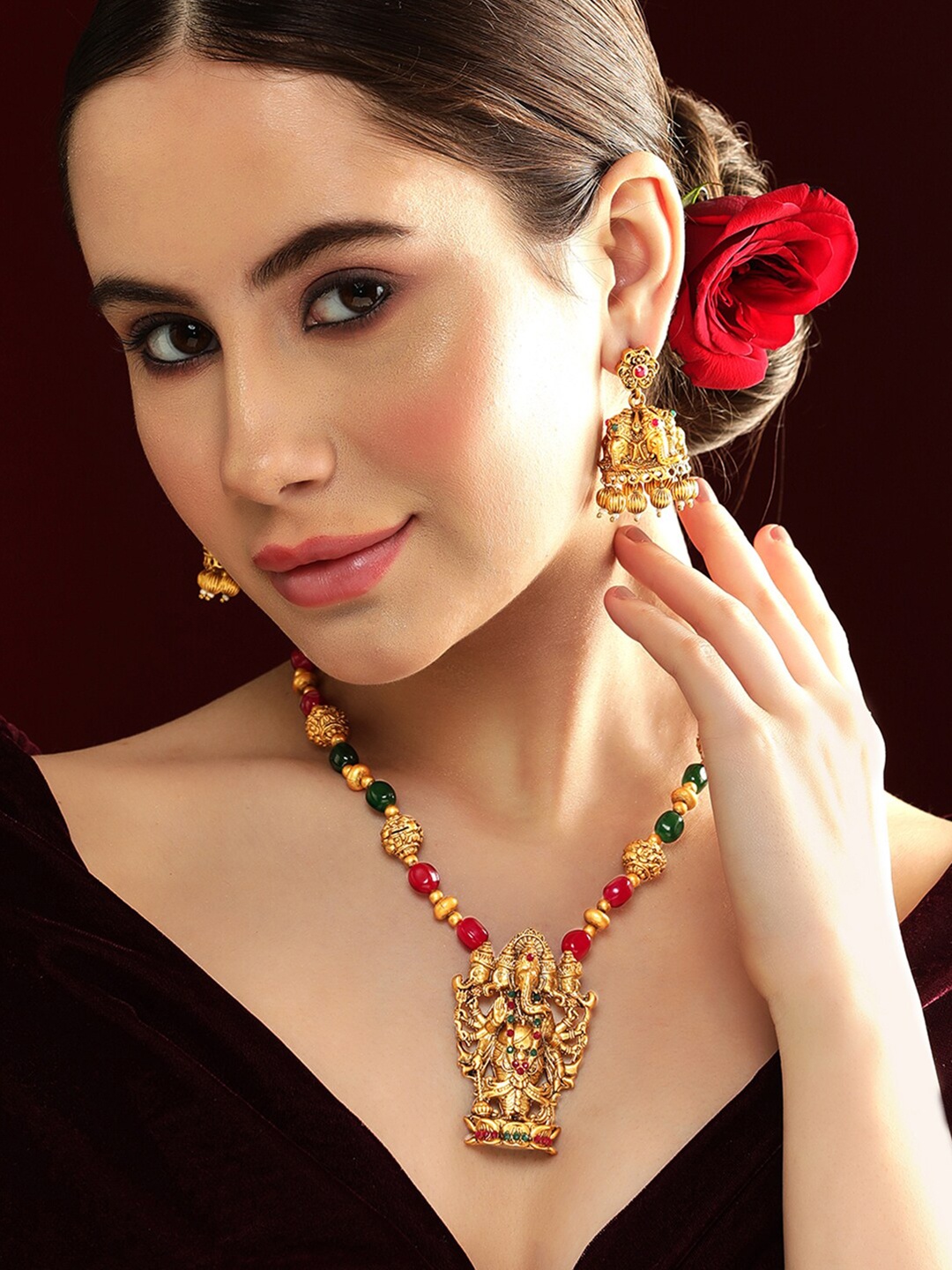 Rubans 24K Gold Plated Ganpati Motif Multicolor Beaded Handcrafted Temple Necklace Set, Red
Rubans 24K Gold Plated Ganpati Motif Multicolor Beaded Handcrafted Temple Necklace Set, Red
