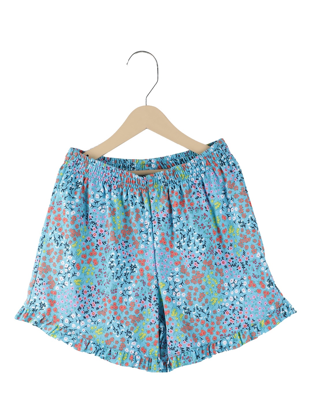 Ninos Dreams Girls Floral Printed Pure Cotton Shorts, Turquoise blue