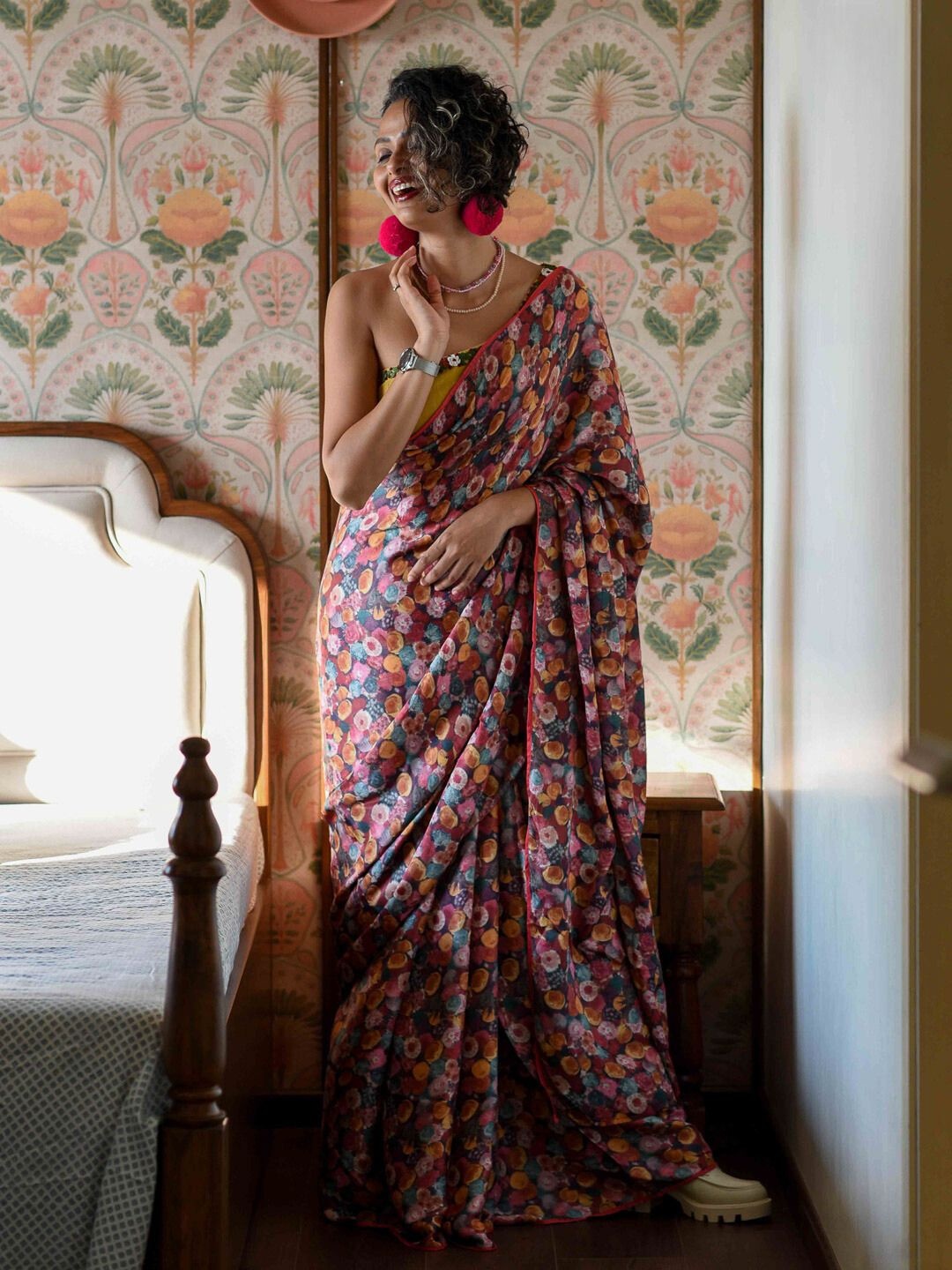 Floral Printed Saree with Fall, Brown