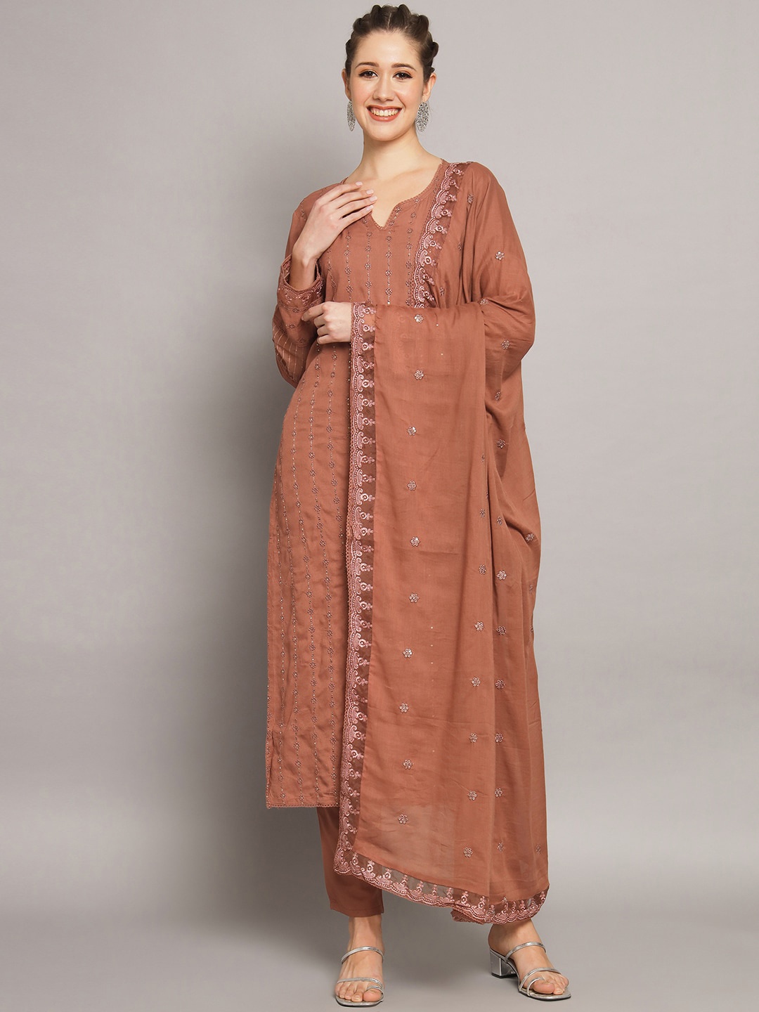 Silai Bunai Embroidered Notch Neck Sequinned Pure Cotton Kurta with Trousers & Dupatta, Brown
Silai Bunai Embroidered Notch Neck Sequinned Pure Cotton Kurta with Trousers & Dupatta, Brown