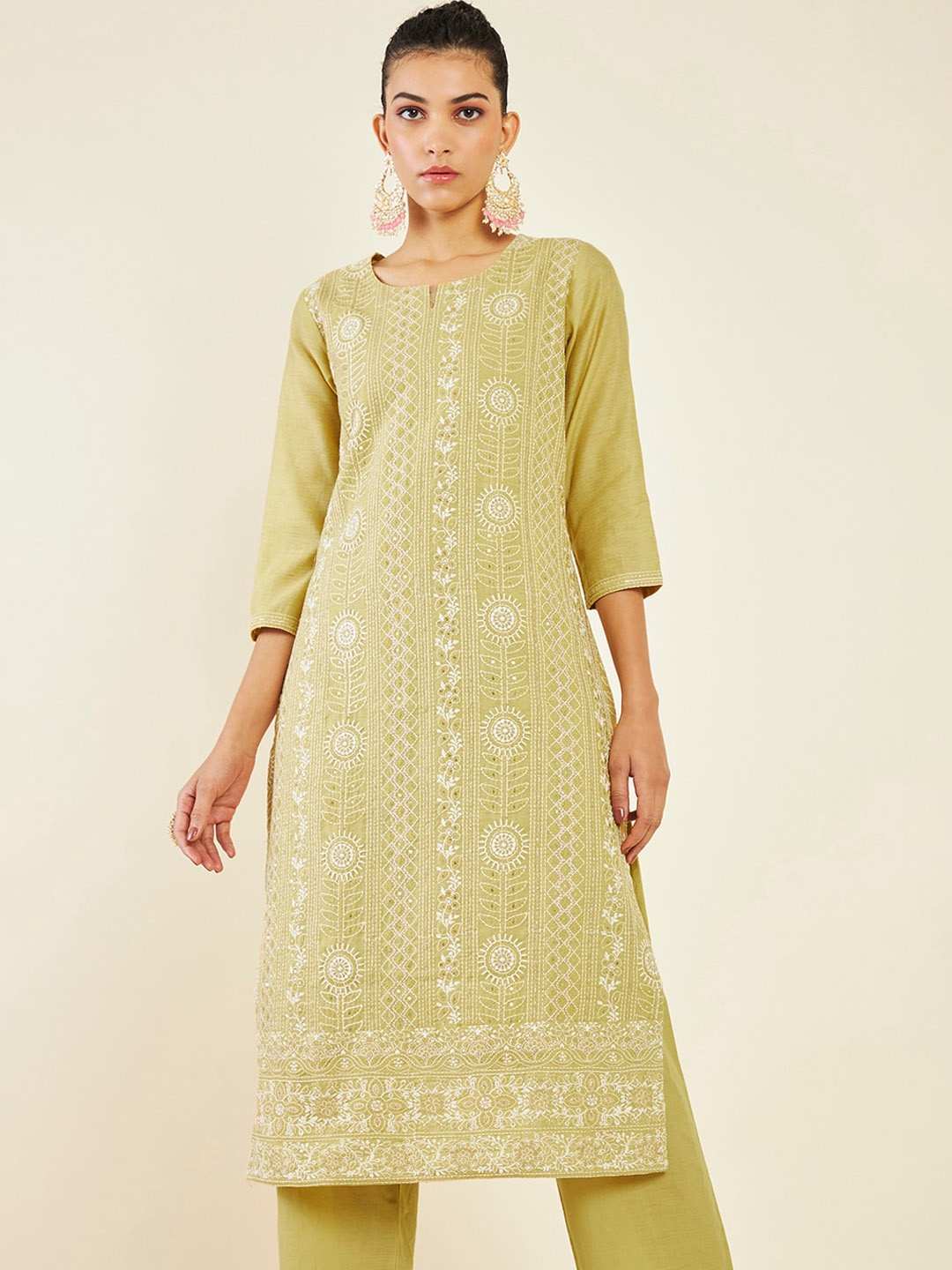 Soch Floral Embroidered Chikankari Chanderi Cotton Kurta With Trousers & Dupatta, Mustard
Soch Floral Embroidered Chikankari Chanderi Cotton Kurta With Trousers & Dupatta, Mustard