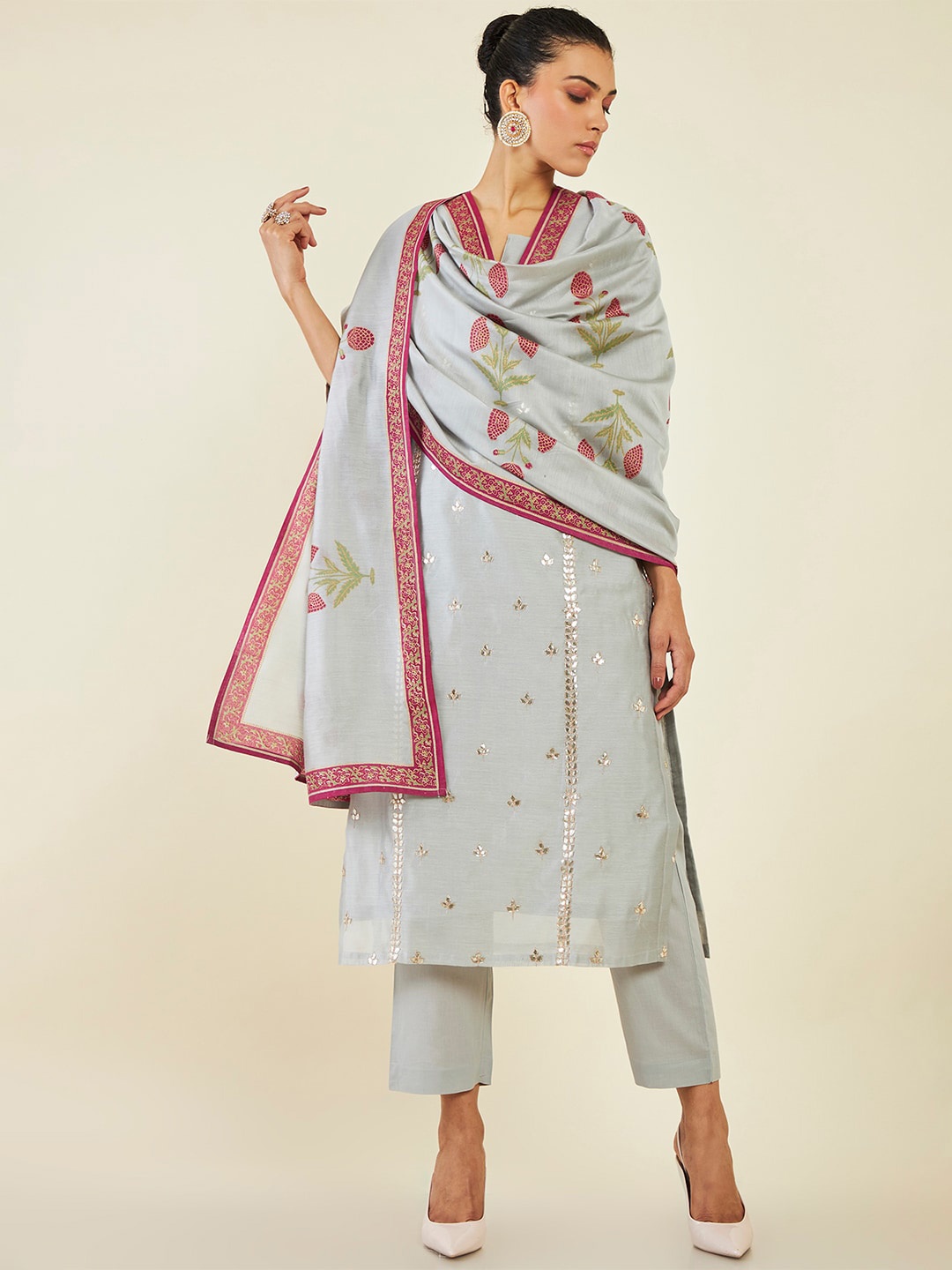 Soch Ethnic Motifs Embroidered Gotta Patti Chanderi Cotton Kurta with Trousers & Dupatta, Grey
Soch Ethnic Motifs Embroidered Gotta Patti Chanderi Cotton Kurta with Trousers & Dupatta, Grey
