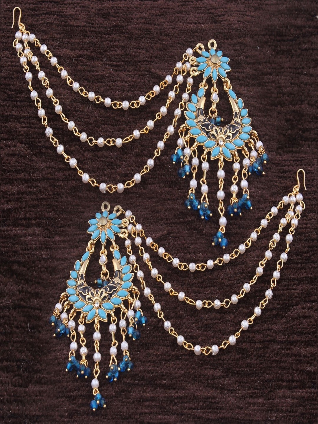 I Jewels Gold Plated Contemporary Chandbalis Earrings With Hair Chain, Turquoise blue
I Jewels Gold Plated Contemporary Chandbalis Earrings With Hair Chain, Turquoise blue