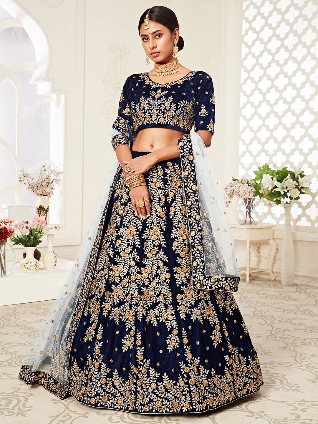 FABPIXEL Embroidered Beads and Stones Velvet Semi-Stitched Lehenga Choli With Dupatta, Navy blue
FABPIXEL Embroidered Beads and Stones Velvet Semi-Stitched Lehenga Choli With Dupatta, Navy blue