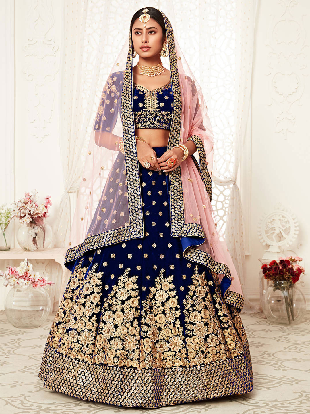 FABPIXEL Embroidered Sequinned Semi-Stitched Velvet Lehenga Choli With Dupatta, Navy blue
FABPIXEL Embroidered Sequinned Semi-Stitched Velvet Lehenga Choli With Dupatta, Navy blue