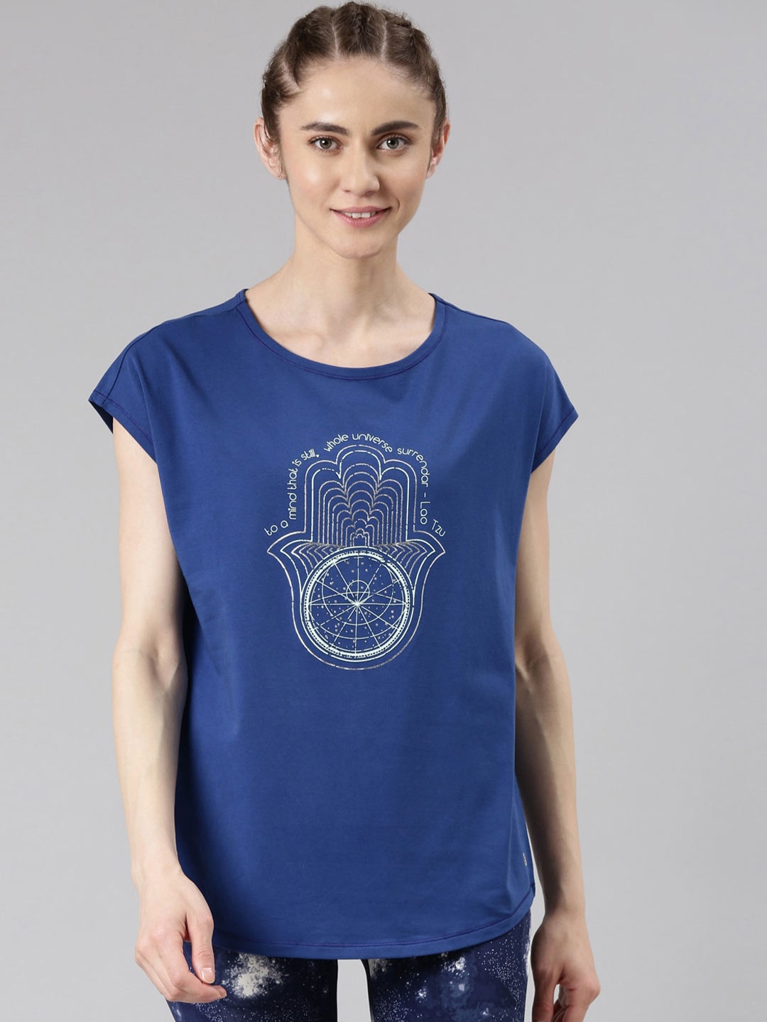 Enamor Graphic Printed Dolman Sleeves Antimicrobial T-shirt, Blue