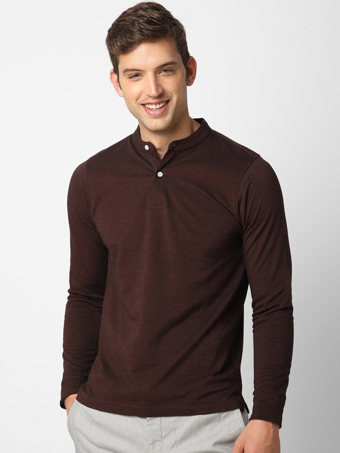 VASTRADO Henley Neck Cotton T-shirt, Maroon