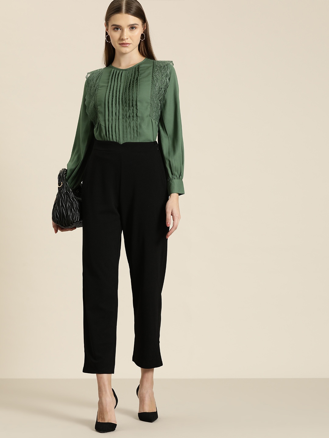 her by invictus Pleated Lace Detail Top, Green