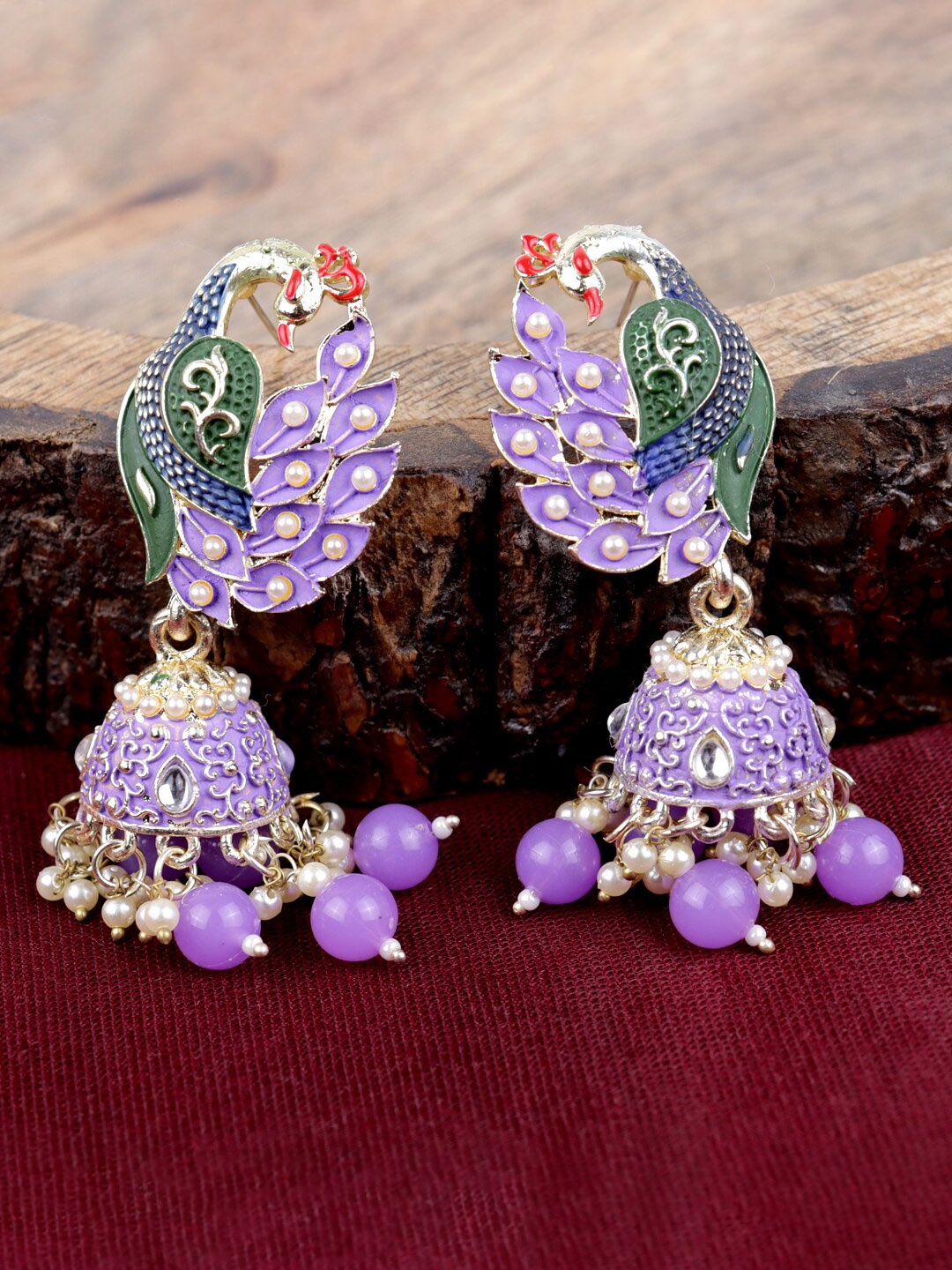 VAGHBHATT Gold-Plated Stone-Studded & Beaded Meenakari Peacock Shaped Jhumkas Earrings, Purple
VAGHBHATT Gold-Plated Stone-Studded & Beaded Meenakari Peacock Shaped Jhumkas Earrings, Purple