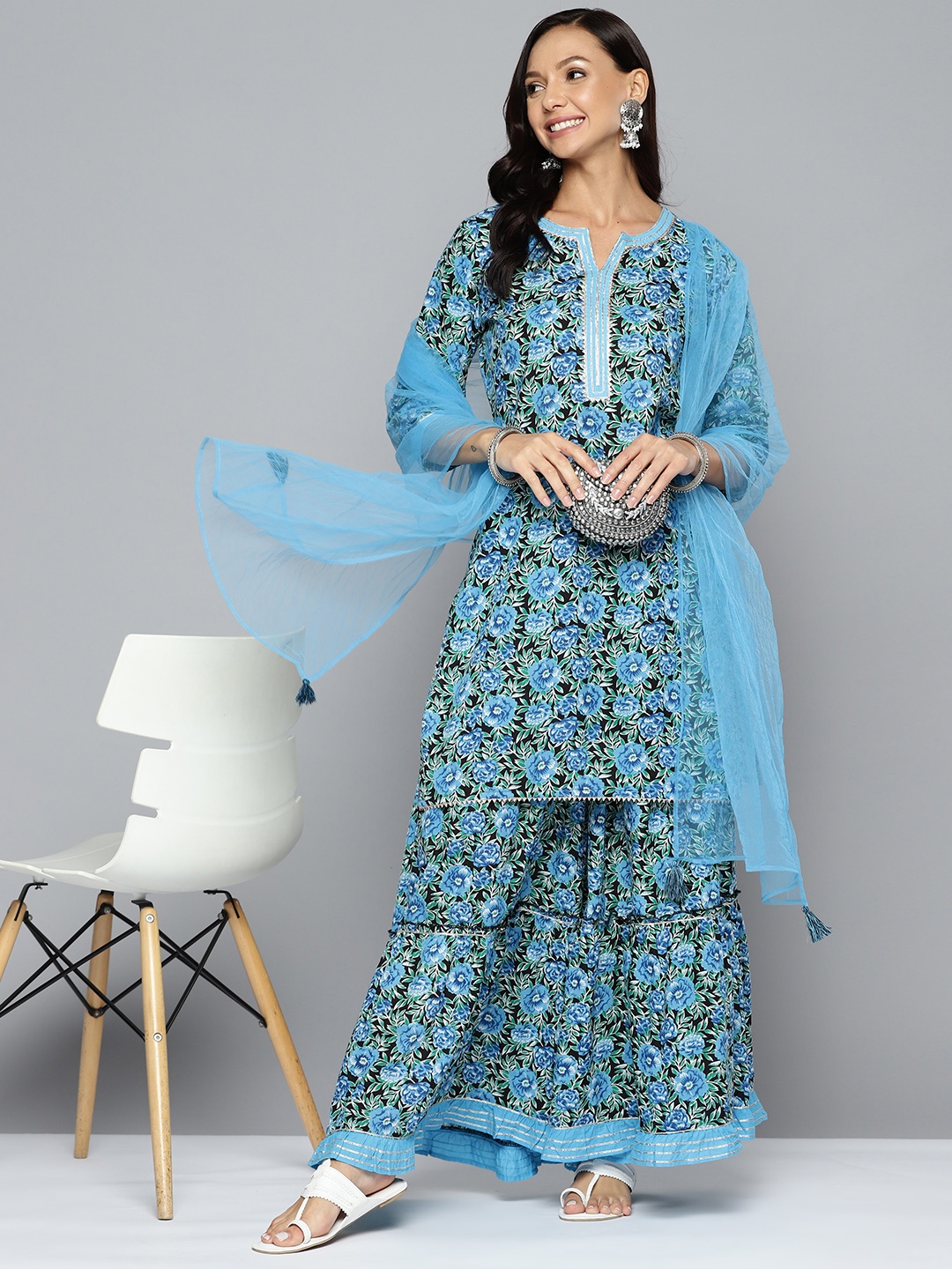 HERE&NOW Women Black Floral Printed Regular Gotta Patti Pure Cotton Kurta with Sharara & With Dupatta
HERE&NOW Women Black Floral Printed Regular Gotta Patti Pure Cotton Kurta with Sharara & With Dupatta