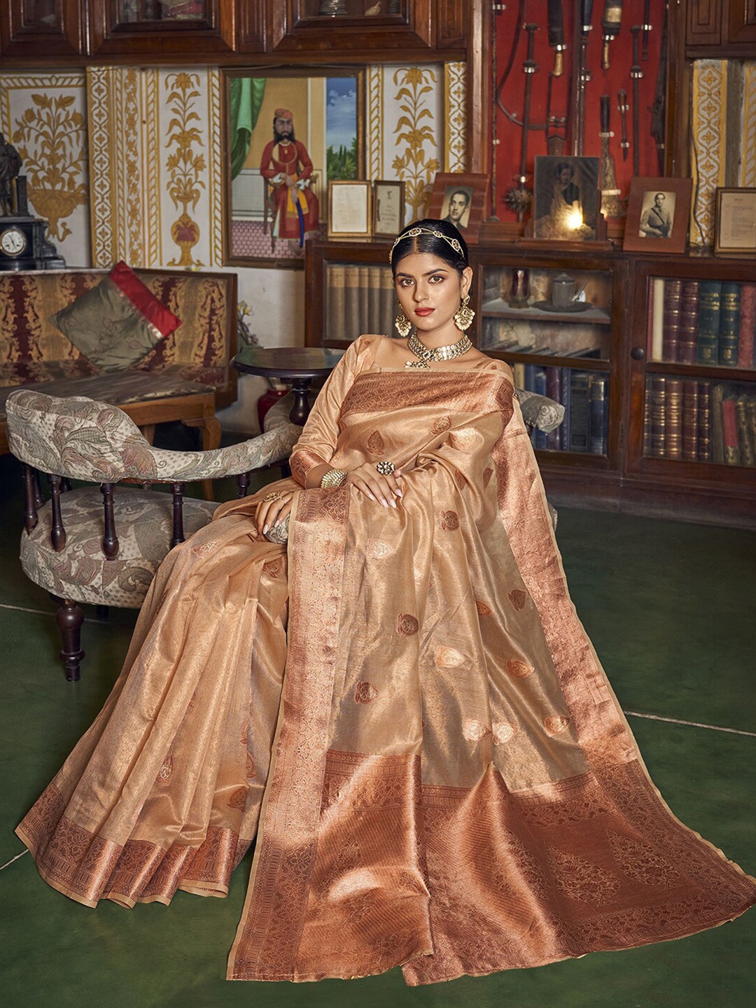 Satrani Ethnic Motifs Woven Design Zari Banarasi Saree, Brown