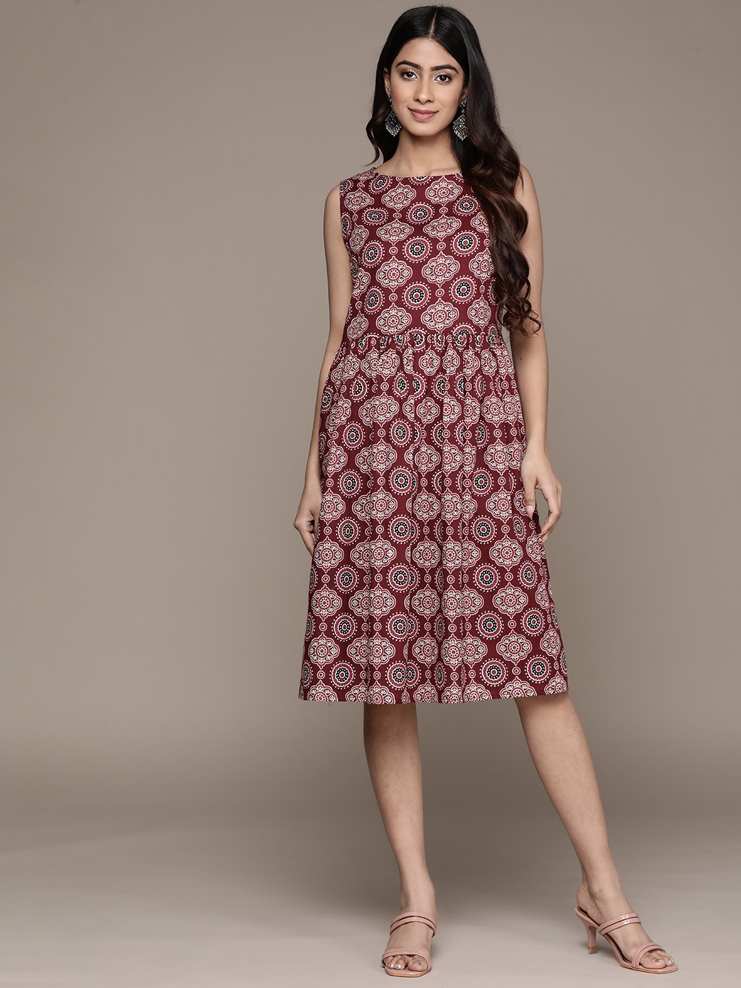 Anubhutee Ethnic Motifs Printed A-Line Dress, Maroon