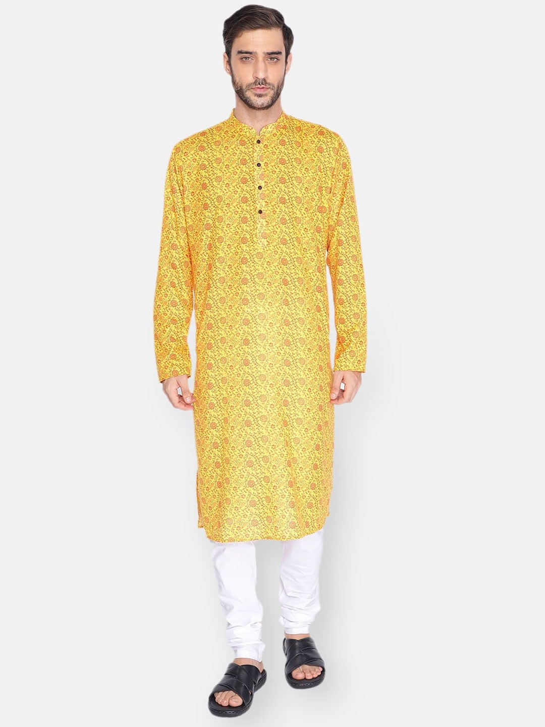 NAMASKAR Ethic Motif Printed Mandarin Collar Pure Cotton Kurta with Churidar, Yellow
NAMASKAR Ethic Motif Printed Mandarin Collar Pure Cotton Kurta with Churidar, Yellow