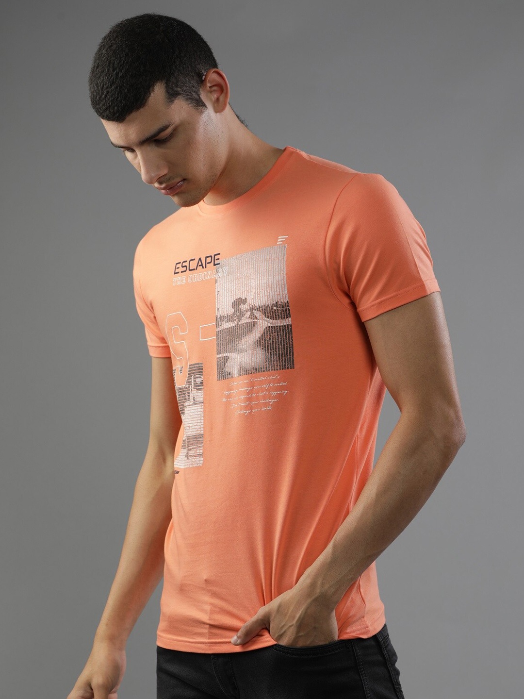 t-base Typography Printed Cotton T-shirt, Coral