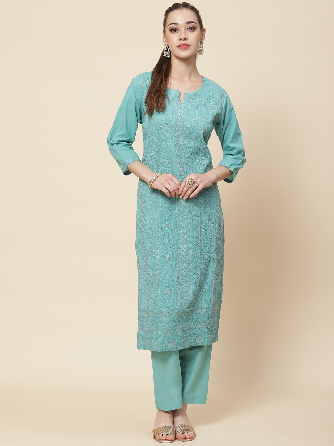 Meena Bazaar Ethnic Motif Embroidered Notch Neck Sequinned Kurta with Trousers, Sea green
Meena Bazaar Ethnic Motif Embroidered Notch Neck Sequinned Kurta with Trousers, Sea green